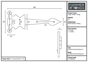 Hammer & Tongs Ornate T-Hinge - W310mm - Black - Pack of 4