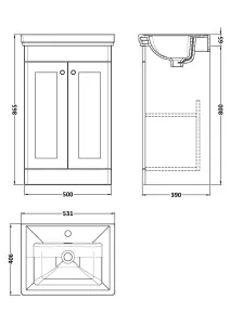 Traditional Floor Standing 2 Door Vanity Unit with 1 Tap Hole Fireclay Basin, 500mm - Satin Grey