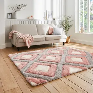 Grey Pink Modern Shaggy Geometric Rug For Dining Room-120cm X 170cm