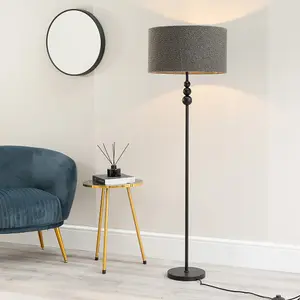 ValueLights Marissa Matt Black Stacked Ball Floor Lamp with Charcoal Grey Boucle Shade