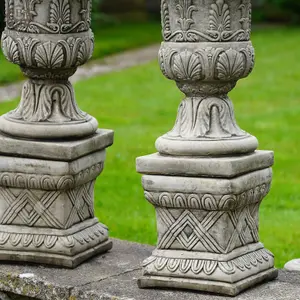 Pair of Classical Urns + Plinths Stone Planters British made Garden Ornament