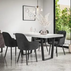 Aria Dining Table And Chairs -  White Marble Effect Table Top w Black Legs + Anika Velvet Dining Chair Set Of 6 (Black)