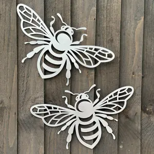 Large Bee decorations SET OF 2 x 40cm silver metal fence wall art or home decoration