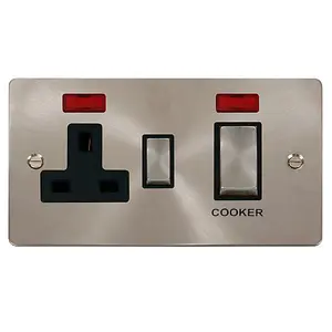 Flat Plate Satin / Brushed Chrome Cooker Control Ingot 45A With 13A Switched Plug Socket & 2 Neons - Black Trim - SE Home