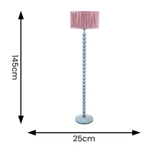 ValueLights Bobbins Powder Blue Floor Lamp with Ruched Pleated Blush Pink Drum Shade and LED Bulb