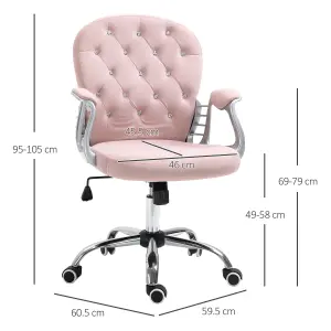 Vinsetto Office Chair Ergonomic 360 degree Swivel Diamante Tufted Home Work Velour Padded Base 5 Castor Wheels Pink