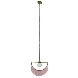 ValueLights Jupiter Brass Semicircle & Pink Tassel Fringe Ceiling Pendant Light with Frosted Globe Shade with 3w LED G9 Bulb