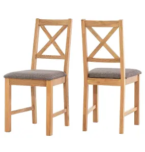 Hallowood Furniture Pair of Oak Small Cross Back Chairs with Grey Fabric Seat