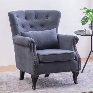 Dark Grey Chenille Wing Back Armchair with Lumbar Pillow