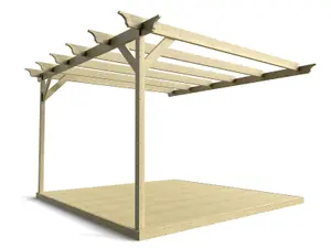 Wall mounted pergola and decking complete diy kit, Champion design (4.2m x 4.2m, Light green (natural) finish)