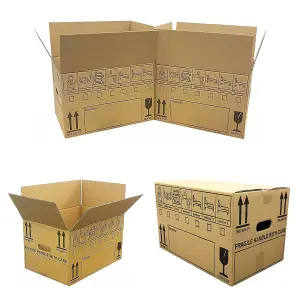 10 x Medium Size (18x12x10") Fragile Handle With Care Removal Cardboard Boxes With Carry Handles