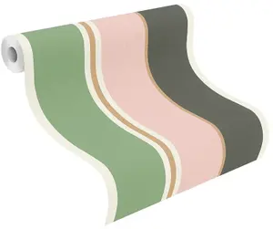 Green White Pink Wallpaper Botanique Stripes Metallic Gold Textured Retro Vinyl