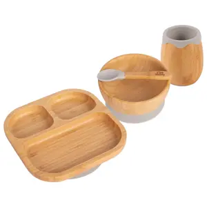 Tiny Dining - Divided Bamboo Suction Baby Feeding Set - Grey - 4pc