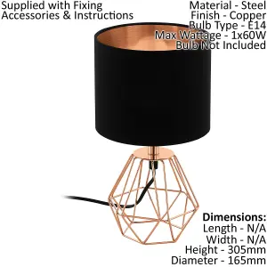 2 PACK Table Lamp Colour Copper Base Shade Black Copper Fabric Bulb E14 1x60W