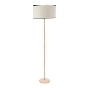 ValueLights Triston Natural Light Wood Stem Floor Lamp with Linen Black Trim Drum Shade and LED Bulb