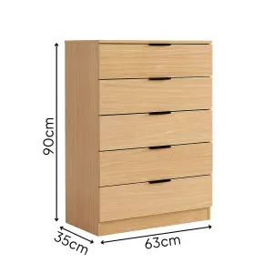 Home Source Phoenix Chest 5 Drawers Oak Effect