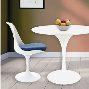 Tulip Set - White Medium Circular Table and Four Chairs with Luxurious Cushion Dark Blue