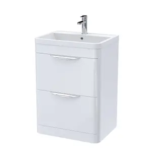 Floor Standing 2 Drawer Vanity Unit with Ceramic Basin - 600mm - Gloss White