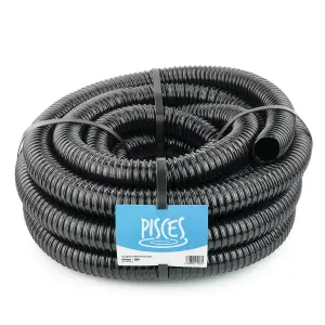 Pisces 10m Corrugated Black Pond Hose Flexible Anti Kink Flexi PVC Pipe Ribbed Tubing for Pump Filter Sump Water Butt - 1.5" 40mm