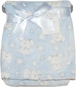 KAV Soft Fleece Wrap Blanket - Soft Unisex Pram Cot Crib Moses Basket Teddy and Stars Print Gift Set for Newborn, Babies (Blue)