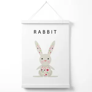 Cute Pink Floral Rabbit  Poster with Hanger / 33cm / White