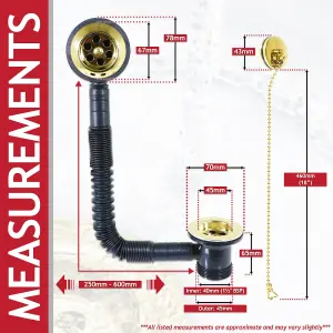 SPARES2GO Bath Combination Waste Plug and Chain Luxury Gold Brass Flexible Overflow Pipe Kit (40mm 1 1/2")