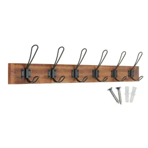 keypak Rustic Wall Mounted Coat Rack, Vintage Double Wire Coat Hooks on Wooden Base, Fixings Included (6 Hooks, Antique Finish)