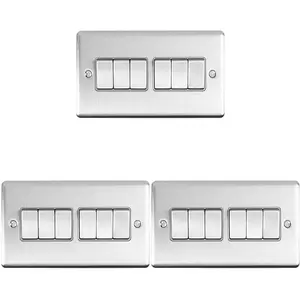 3 PACK 6 Gang Metal Multi Light Switch SATIN STEEL 2 Way 10A Grey Trim