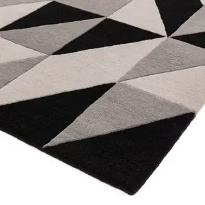 Grey Luxurious Modern Wool Chequered Geometric Handmade Rug For Living Room Bedroom & Dining Room-120cm X 170cm