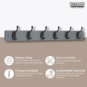 keypak 6 Matte Black Coat Hooks on Grey Wooden Board - 68cm Modern Wall Mounted Coat Rack Clothes Hanger