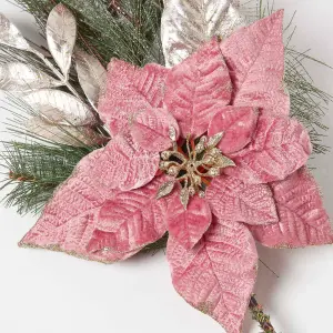 Homescapes Pink & Green Poinsettia Christmas Swag, 71 cm