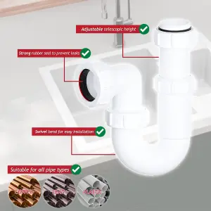 SPARES2GO Telescopic Sink P Trap Basin Swivel Plumbing Waste Pipe Kit (40mm / 1.5")