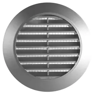 Silver Louvred Wall Vent Grille with Flyscreen for 100 mm / 4" Round Wall Outlet - Air Ventilation Duct Cover with Flange