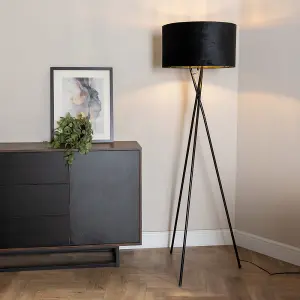 ValueLights Camden Gloss Black Tripod Floor Lamp with Black Velvet and Metallic Gold Inner Shade and LED Bulb