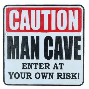 Caution Man Cave Cast Iron Sign Plaque Wall Fence Post Door Workshop Garage