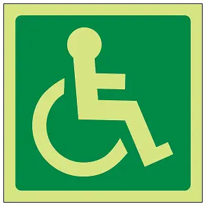 Wheel Chair Facing RIGHT Fire Exit Logo - Glow in Dark 100x100mm (x3)