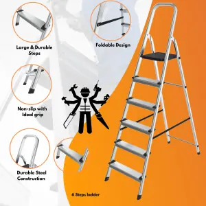 Lightweight Step Ladders 6 Step 187cm Max Load 150 kg - Compact Aluminium Portable Stepladder - Heavy Duty Tall Folding Ladder