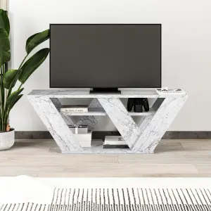 Decortie Pipralla Modern TV Stand Unit with Shelves for Up to 43" TVs White Marble Effect 110cm