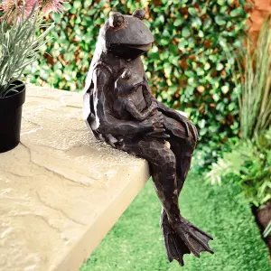 Sitting Frog Ornament - Weatherproof Metal Finish Garden Sculpture for Pond, Patio, Plant Pots, Ledges - 40 x 14 x 18cm