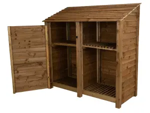 Wooden tool and log store, garden storage with shelf W-187cm, H-180cm, D-88cm - brown finish