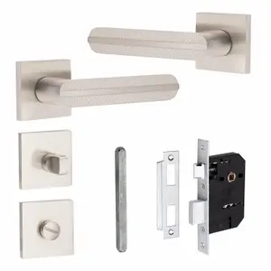 1 Pair Modern Lima Design Satin Nickel Premium Bathroom Door Handles Square Rose - Golden Grace