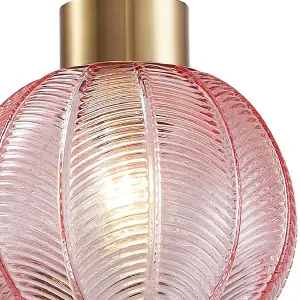 Antique Gold & Pink Ribbed Glass Vintage Retro Easy Fit Globe Dome Pendant Shade - 20.5cm Diameter (8") - None Electric Pendant