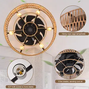 Socher 8 - Blade 48.5cm Boho Rattan Caged Ceiling Fan with Light Kit and Remote Control