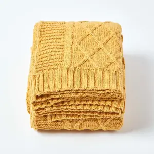 Homescapes Mustard Diamond Cable Knit Cotton Throw, 150 x 200 cm