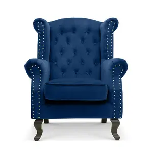 Velvet Wing Back Fireside Henley Chair Armchair with Buttons Blue