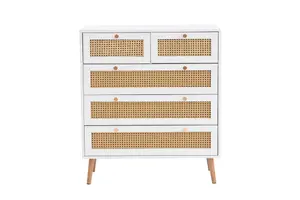 White Chest of 5 Drawers Rattan Mid Century Modern