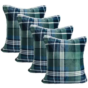 Tartan Check Cushion Covers 4 Pack Case Flannel Fleece Set, 45 x 45cm - Green