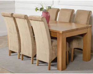 Dakota 182 x 92 cm Chunky Oak Large Dining Table and 6 Chairs Dining Set with Montana Beige Fabric Chairs