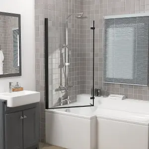 Rinse 810x1400mm Square Bath Shower Screen Bifold 6mm Safety Glass Easy Clean Panel Frameless Pivot Screen Black