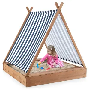 Costway Outdoor Kids Sandbox 124 x 123cm Wooden Cabana Sand Pit w/ 2 Seats & Cover